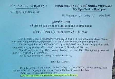 Bà Nhuận đưa ra giấy cử đi học TS tại Nhật, trong đó phần kinh phí đào tạo do phía mời (Nhật Bản) đài thọ