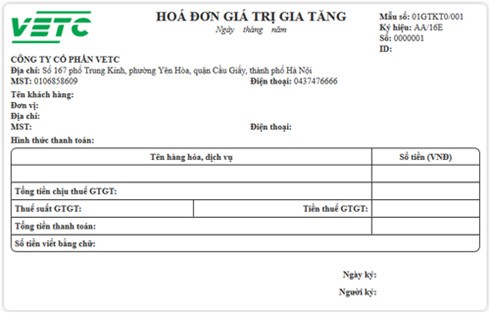 Mẫu hóa đơn thu phí đường bộ điện tử do VETC phát hành.