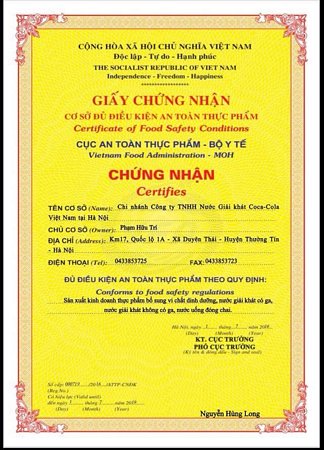 Giấy chứng nhận đủ điều kiện an toàn thực phẩm do Cục An toàn Thực phẩm cấp cho Coca Cola Việt Nam.