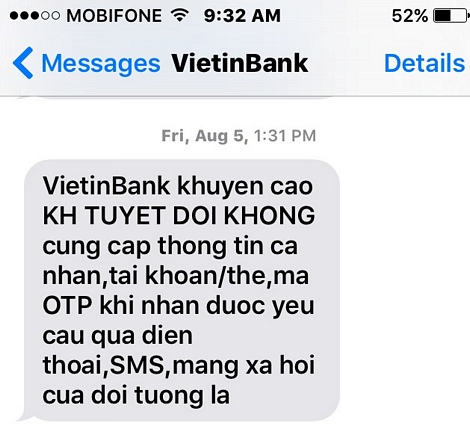 Một tin nhắn cảnh báo của Vietinbank gửi khách hàng