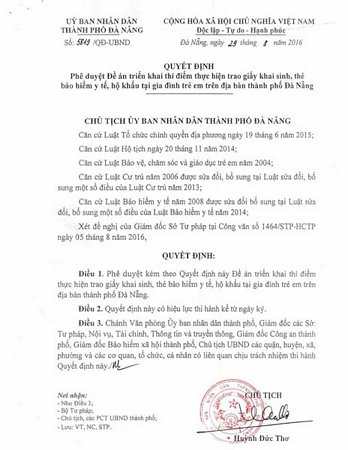 Quyết định phê duyệt đề án do Chủ tịch UBND TP Đà Nẵng Huỳnh Đức thơ ký ngày 29/8/2016