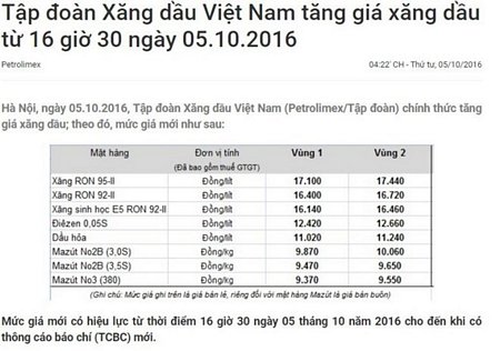 Bảng giá xăng dầu của Petrolimex áp dụng từ 16 giờ 30 phút ngày 5/10. (Ảnh: Petrolimex)