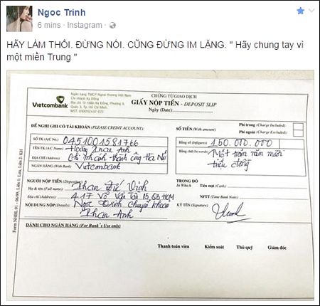 Kèm theo dòng trạng thái, Ngọc Trinh đăng tải hình ảnh chụp lại biên lai gửi tiền vào tài khoản ngân hàng của MC Phan Anh.