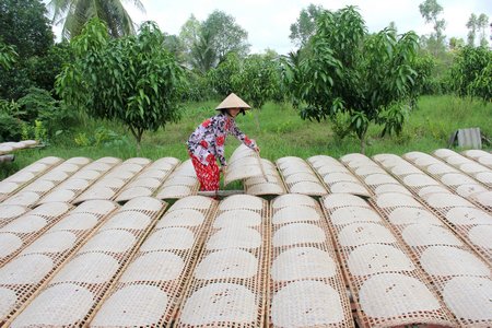 Sản phẩm làng nghề bánh tráng cù lao Mây được thị trường ưa chuộng.