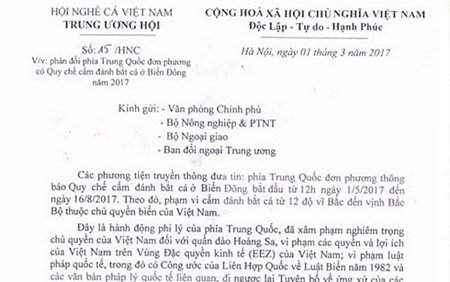 Công văn của Hội Nghề cá Việt Nan phản đối Quy chế cấm đánh bắt cá ở Biển Đông