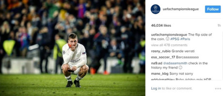 Trang Instagram chính thức của Champions League đăng ảnh "an ủi" các cầu thủ PSG sau thất bại cay đắng ở Nou Camp. (Ảnh: Instagram Champions League)