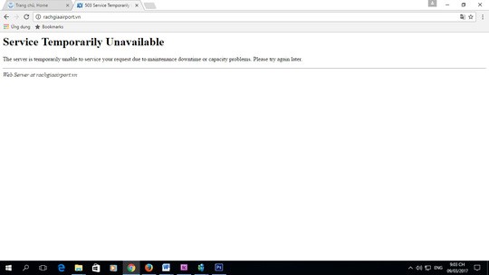 Ảnh chụp màn hình website của sân bay Rạch Giá sau khi bị hacker tấn công ngày 9-3