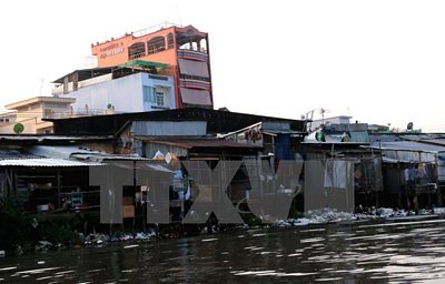 Một đoạn sông ở Cà Mau bị ô nhiễm nghiêm trọng. (Ảnh: Kim Há/TTXVN)