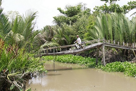 Người dân qua cầu phải nín thở, vừa chống, vừa rà 2 chân để qua cây cầu.