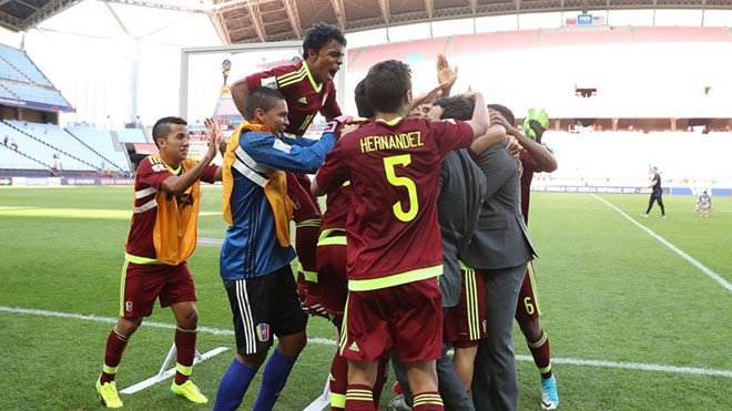 Niềm vui của các cầu thủ U20 Venezuela sau khi giành vé vào bán kết. (Nguồn: Getty Images)