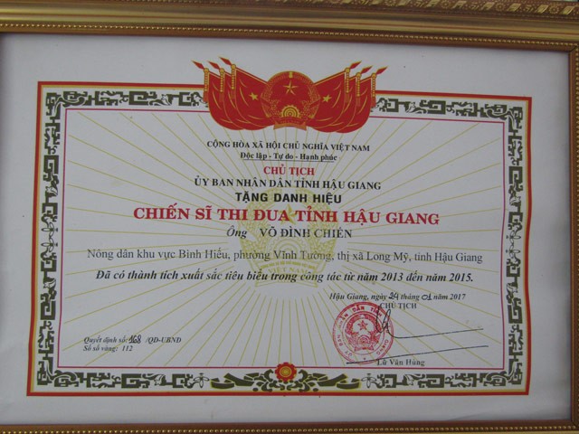 Với những thành tích cao trong lao động sản xuất, kinh doanh, anh Võ Đình Chiến được tặng danh hiệu Chiến sỹ thi đua cấp tỉnh.