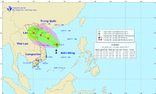 Đường đi của áp thấp nhiệt đới. Ảnh: NCHMF