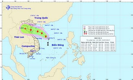 Vị trí và đường đi của bão số 2 chiều 15/7