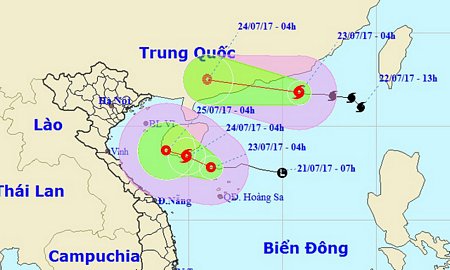 Vị trí và hướng di chuyển của bão số 3 (hình trên) và áp thấp nhiệt đới (Ảnh: NCHMF).