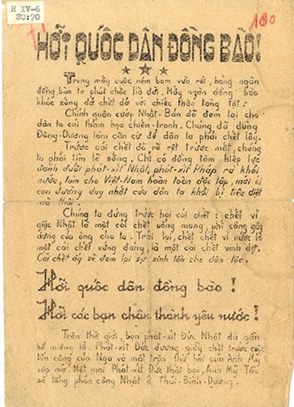 Truyền đơn của Việt Minh tố cáo tội ác của phát-xít Nhật ở Đông Dương, kêu gọi đồng bào đứng lên đánh đuổi Nhật-Pháp, giành độc lập. (Ảnh: Bảo tàng Lịch sử Quốc gia)