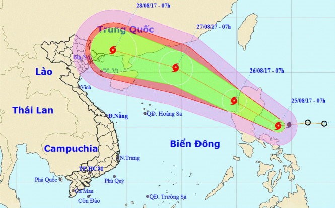 Vị trí và hướng di chuyển của bão Pakhar ngày 25-8-2017 - Nguồn: Trung tâm Dự báo Khí tượng Thủy văn Trung ương