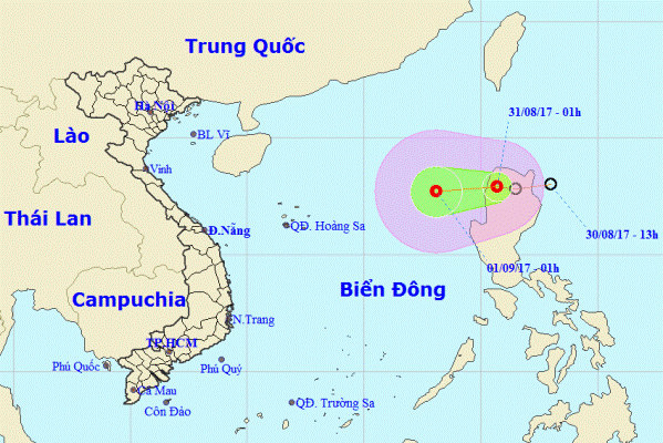 Hướng di chuyển của áp thấp nhiệt đới. Ảnh: Trung tâm Dự báo khí tượng thủy văn Trung ương