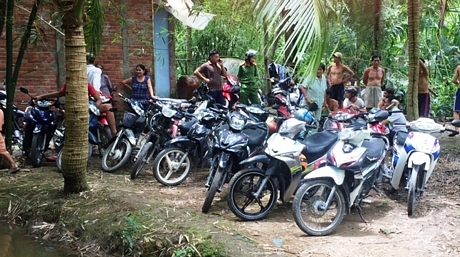 Các đối tượng đá gà và xe gắn máy tang vật công an tam giữ    