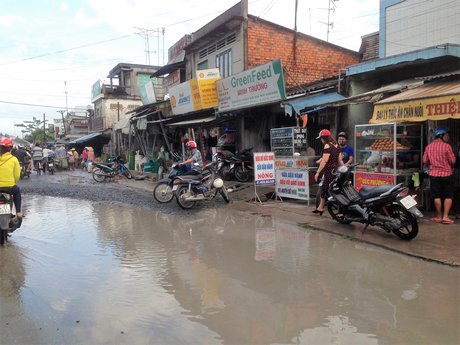 Một “ổ trâu nằm” trước hàng quán của người dân tại khu vực chợ Long Hồ.