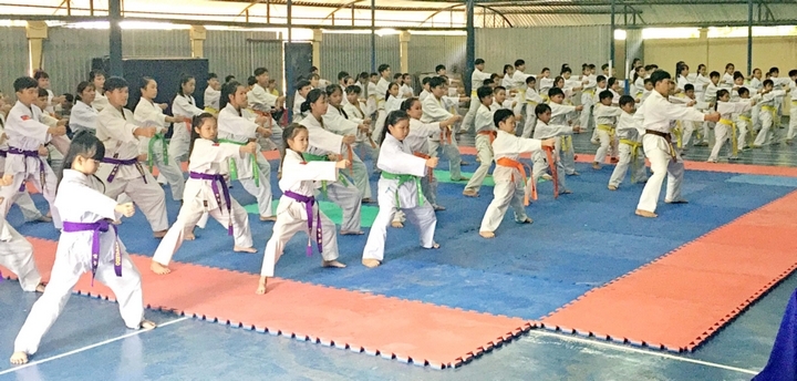 Các võ sinh thi diễn phần kỹ thuật căn bản.