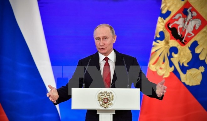 Tổng thống Nga Vladimir Putin phát biểu tại thủ đô Moskva ngày 4/11. (Nguồn: AFP/TTXVN)