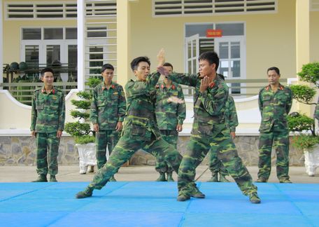 Cán bộ, chiến sĩ Đại đội Trinh sát rèn luyện võ thuật.