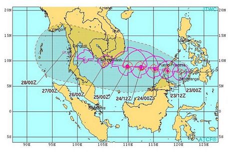 Dự báo của Hải quân Hoa Kỳ về đường đi của bão Tembin