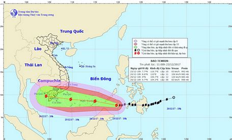 Cập nhật đường đi của bão số 16 cho đến 11h ngày 23-12 - Nguồn: Trung tâm dự báo khí tượng thủy văn trung ương