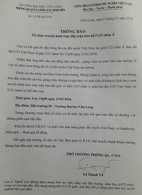 Thông báo tổ chức trực tiếp trận đấu của trường Đại học Cửu Long. Ảnh: Thảo Ly