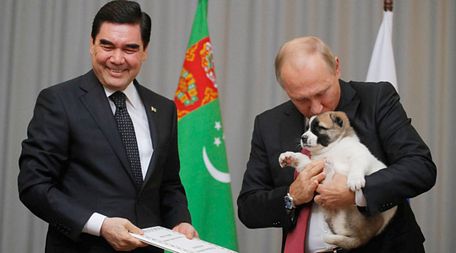 Tổng thống Тurkmenistan Gurbanguly Berdymukhadov tặng người đồng cấp Nga con chó nhỏ Alabai. Ảnh: RIA Novosti