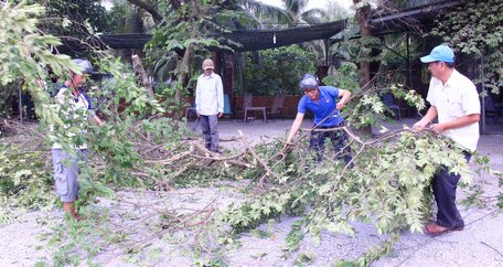 Đoàn viên thanh niên cùng người dân địa phương thực hiện phần việc rong cây che chắn tầm nhìn.