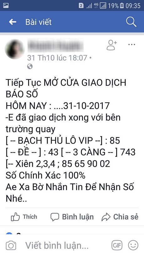 Hình chụp vào ngày 30/10/2017, trên một trang Facebook: tài khoản này công khai cho số đề và cam đoan trúng 100% (?!).