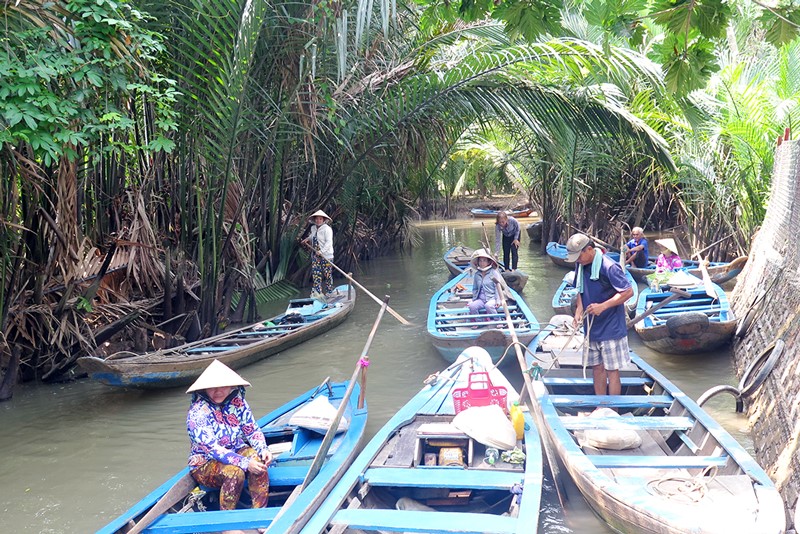 Xuồng chèo đưa rước khách du lịch trên bến rạch Cầu Chùa, xã Tân Thạch, Châu Thành. 