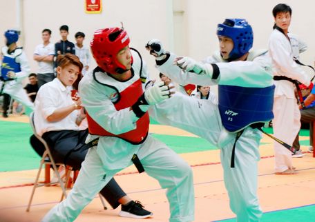 Trận đấu đối kháng giữa Phúc Thiện (Long Hồ, giáp xanh) gặp Thanh Thiện (Trà Ôn).