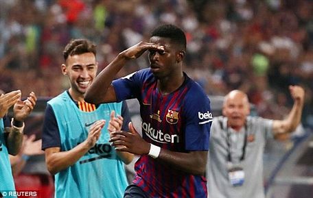 Bàn thắng của Dembele giúp Barca lội ngược dòng thành công trước Sevilla, qua đó lần thứ 13 vô địch Siêu cúp Tây Ban Nha (chỉ tính kể từ khi giải đấu đổi tên thành Siêu cúp Tây Ban Nha). (Ảnh: Reuter)