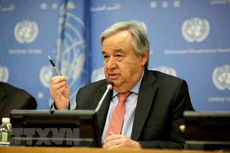 Tổng Thư ký Liên hợp quốc Antonio Guterres phát biểu tại một cuộc họp báo ở New York, Mỹ. (Ảnh: THX/TTXVN)