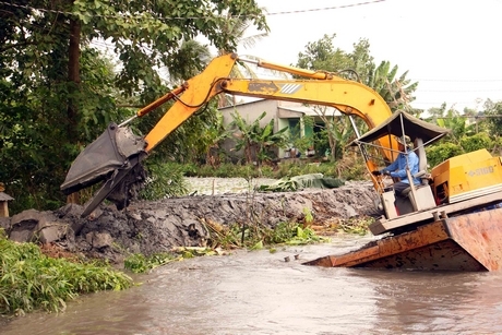 Người dân bơm tát chống úng cho ruộng khoai lang.