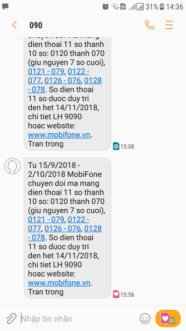 Các nhà mạng đã gửi tin nhắn đến khách hàng thông tin về việc chuyển đổi từ trước ngày 15/9.