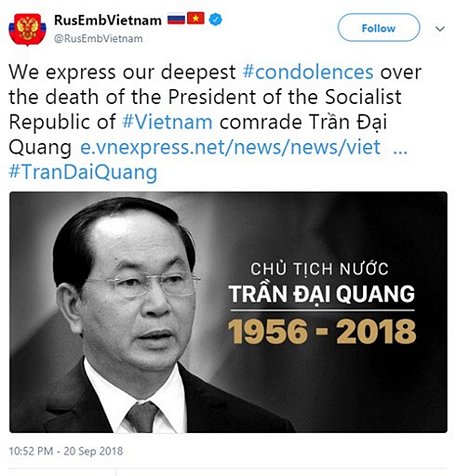 Lời chia buồn bằng tiếng Anh của Đại sứ quán Nga tại Hà Nội đăng trên Twitter.