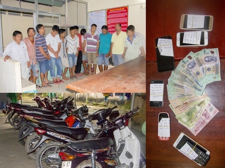 Các đối tượng cùng tang vật tại cơ quan công an.