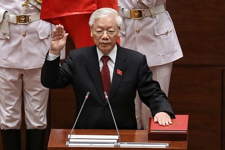 Chủ tịch Nước Nguyễn Phú Trọng tại lễ tuyên thệ. Ảnh: Q.V