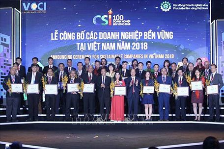 Ban tổ chức trao chứng nhận cho các doanh nghiệp bền vững năm 2018.