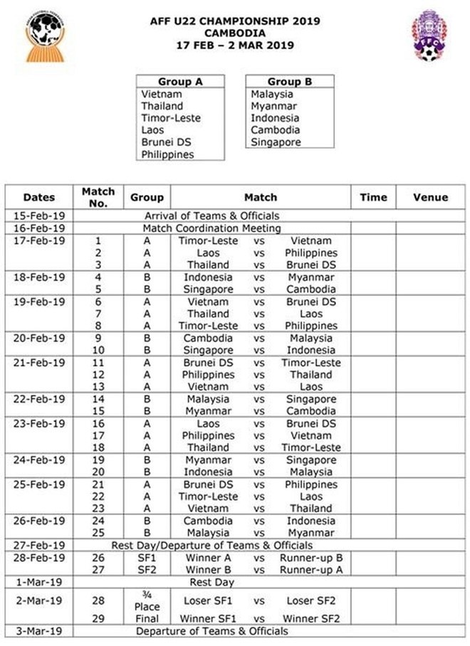 Lịch thi đấu Giải U22 Đông Nam Á 2019