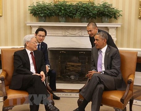 Tổng Bí thư Nguyễn Phú Trọng hội đàm với Tổng thống Hợp chủng quốc Hoa Kỳ Barack Obama trong chuyến thăm chính thức Hoa Kỳ ngày 5 -12/7/2015. (Ảnh: Trí Dũng/TTXVN)