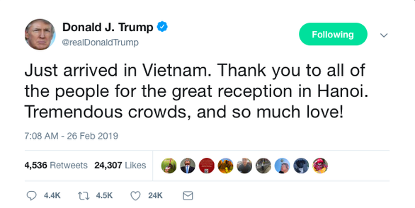  Tổng thống Donald Trump viết cảm ơn Việt Nam trên Twitter của mình - Ảnh chụp màn hình.