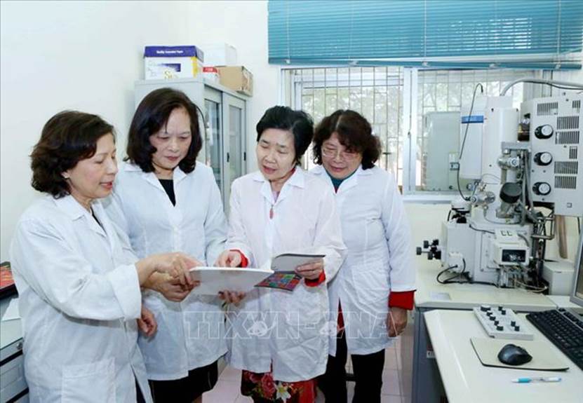   Tập thể các nhà khoa học nữ của Viện Hàn lâm Khoa học và Công nghệ Việt Nam, gồm các Phó Giáo sư, Tiến sỹ: Trần Kim Anh, Vũ Thị Bích, Phạm Thị Thu Nga, Trần Hồng Nhung và Nguyễn Phương Tùng nhận Giải thưởng Kovalevskaia năm 2016 với “Cụm công trình nghiên cơ bản định hướng ứng dụng về khoa học và công nghệ nano”. Ảnh: Phương Hoa/TTXVN