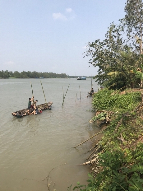 Đoàn viên thanh niên quân sự tham gia công trình nuôi lục bình chắn sóng. 