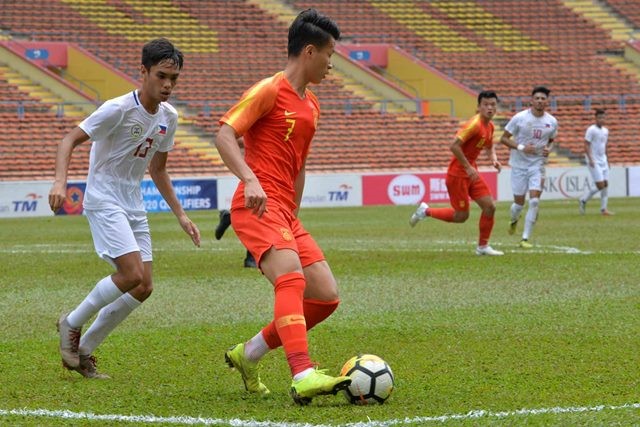 U23 Philippines (áo trắng) không thể tạo nên bất ngờ trước U23 Trung Quốc. (Ảnh: asiana.my)