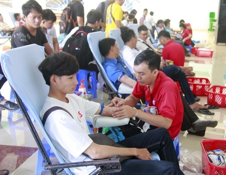 Nhiều bạn trẻ tình nguyện tham gia hiến máu.