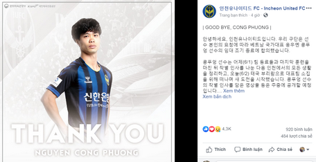 Trang chủ Incheon United đăng tải thông tin chia tay tiền đạo Công Phượng kèm ảnh có dòng chữ 